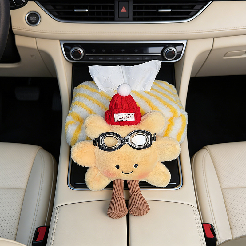 Plush Sunflower Car Tissue Holder Creative Car Tissue Box Car Armrest Tissue Pack In-Car Tissue Box