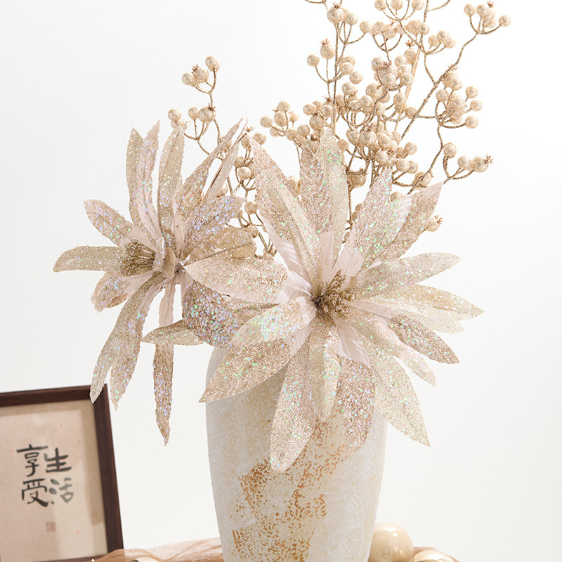 Nuevos productos transfronterizos flores de Navidad blancas decoraciones de árbol de Navidad 33cm grandes flores de color champán