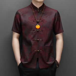 2024 Summer Tang Clothes Men's Middle-aged and Elderly Dad's Short-sleeved Shirt Summer Clothes for the Elderly Grandpa's Summer Clothes Ice Silk Shirt