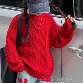 女童针织衫高领毛衣秋冬2024年新款洋气中大儿童加厚红色新年上衣