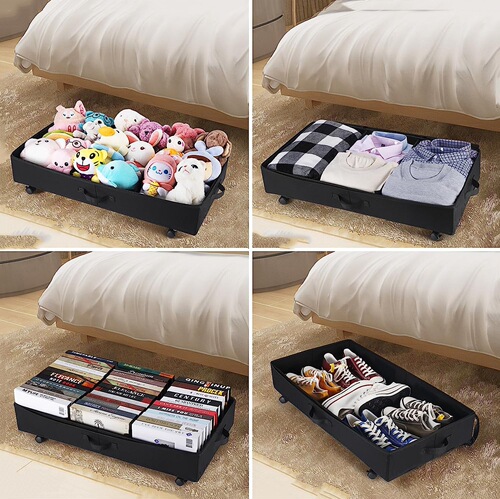 Foldable bed storage box with wheels, under-bed fabric anti-dust cover with lid, storage and organization iron wheel storage box