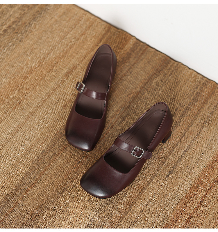 Giày Mary Jane nữ da bò mũi vuông quai ngang gót 4 cm — màu nâu chi tiết 21