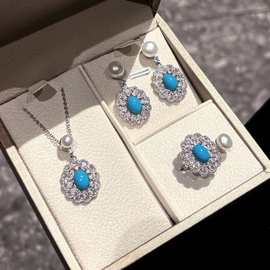 新中式复古松石耳钉天然淡水珍珠耳环精致百搭时尚流行批发饰品