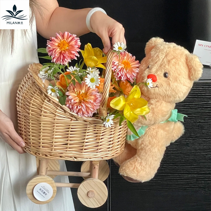 Cestas de huevos de la luna tejidas a mano, carrito de bebé, cestas de flores de sauce, cestas de flores de diseño de flores, cestas de flores DIY