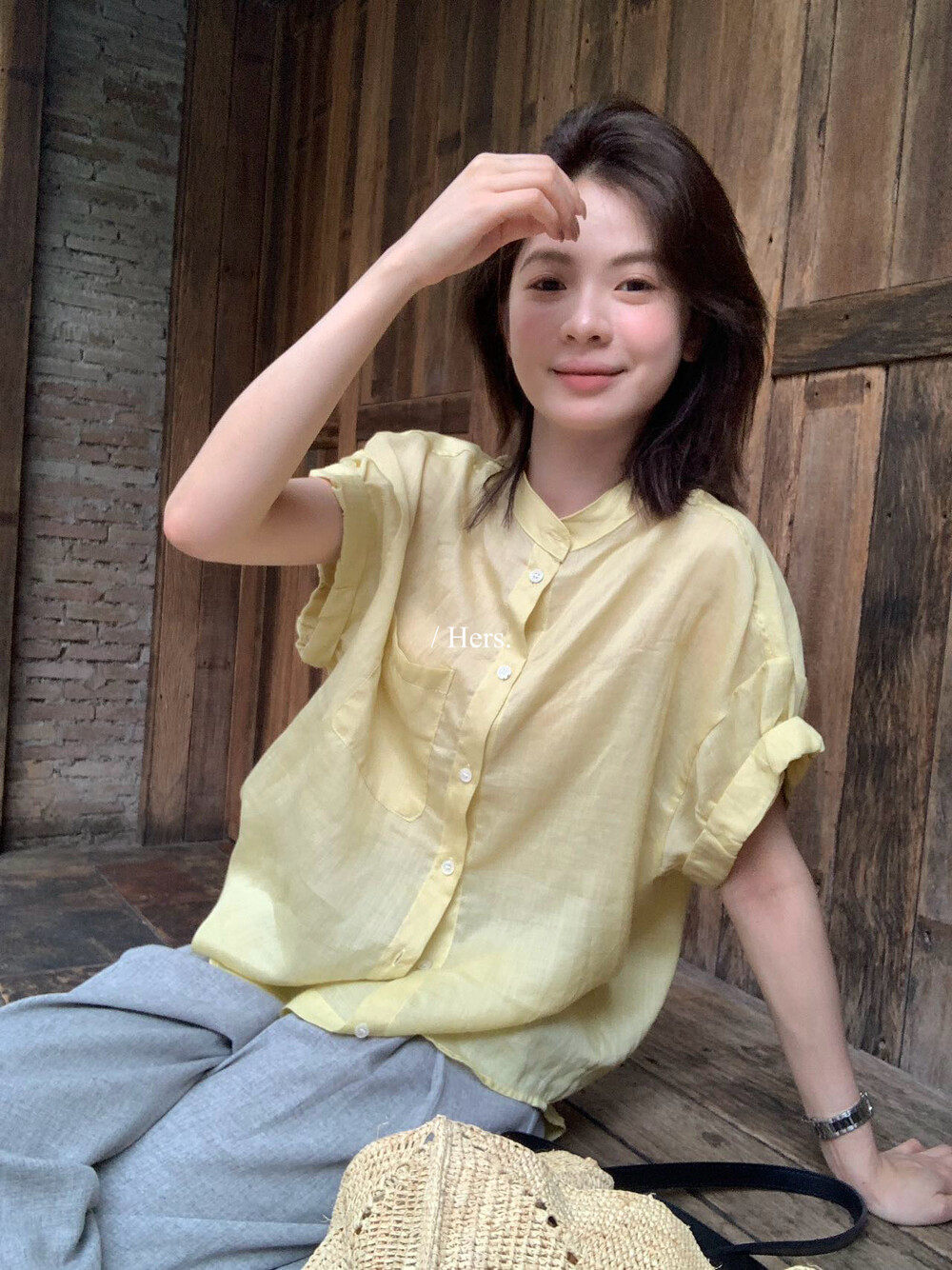 Áo sơ mi nữ tay ngắn cổ tròn chất liệu ramie phong cách tối giản — màu đen, Sữa vàng, màu hồng, màu mơ chi tiết 6