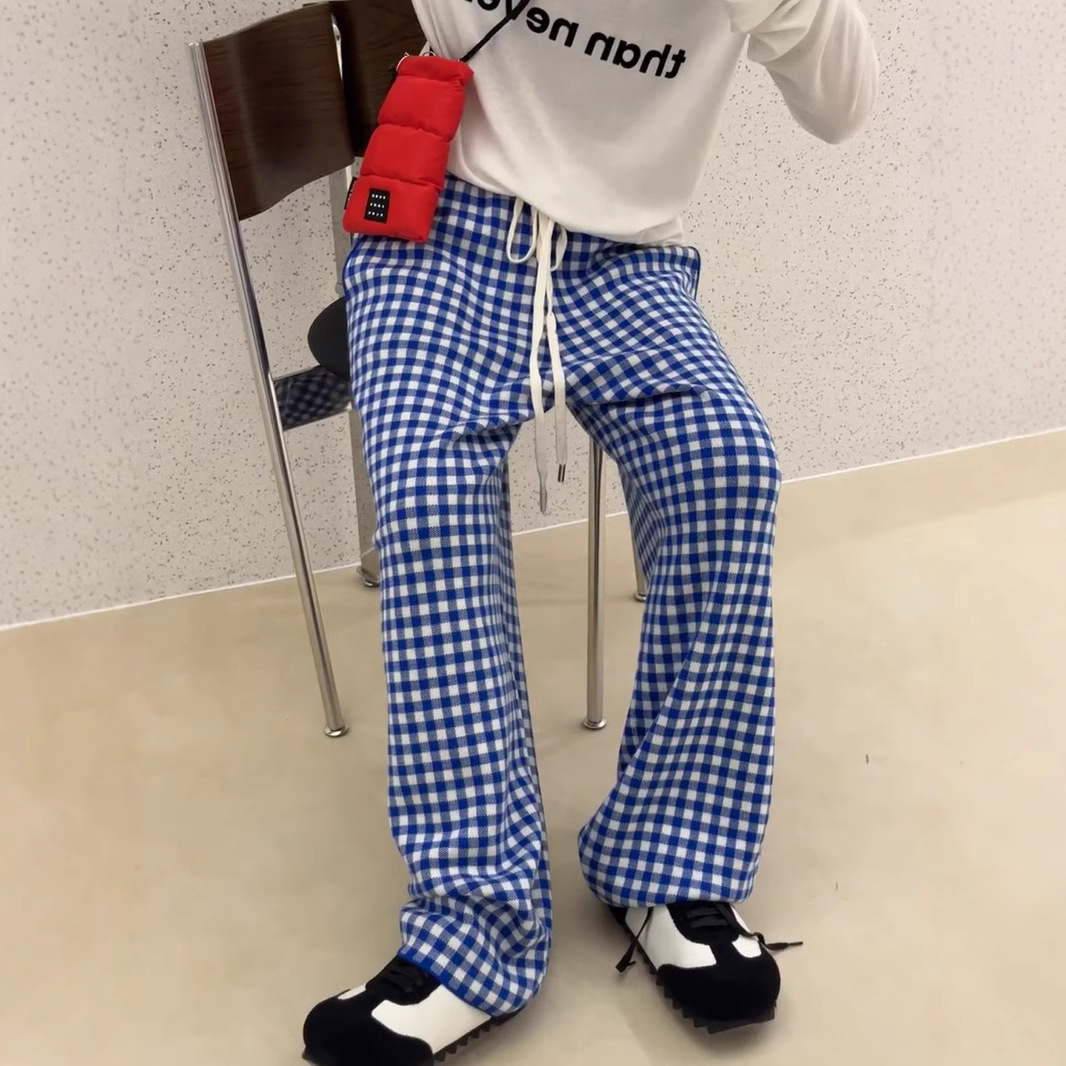 860G 높은 버전 24 겨울 새로운 틈새 디자인 니트 체크 울 DRAWSTRING 느슨한 캐주얼 바지 바지 여성