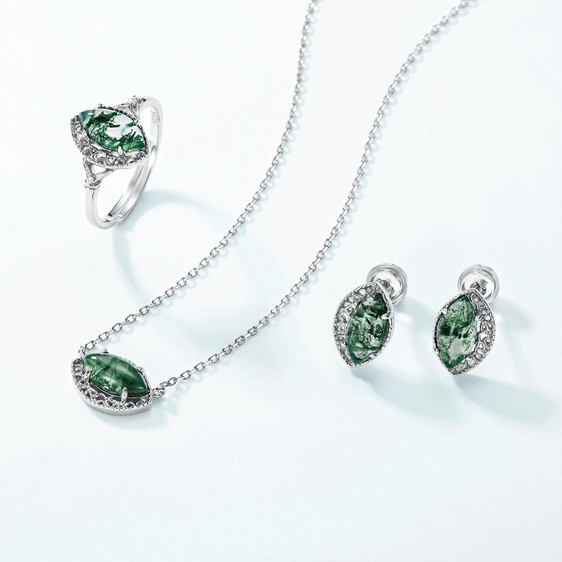 Pendientes de ágata de hierba de agua natural geométrica plateada S925 transfronteriza Pendientes de piedra de musgo verde Diseño de nicho de lujo simple y ligero