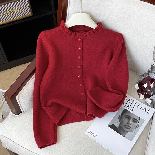 New Year's Edition Red Knit Cardigan with Floral Collar for Women, Christmas Atmosphere, Gentle and Beautiful