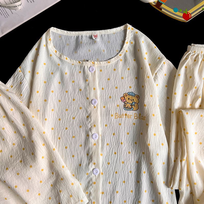 Traje transfronterizo al por mayor de tres piezas pantalones de manga corta pijamas cárdigan de cuello redondo para mujer traje de servicio a domicilio dulce y lindo algodón nube