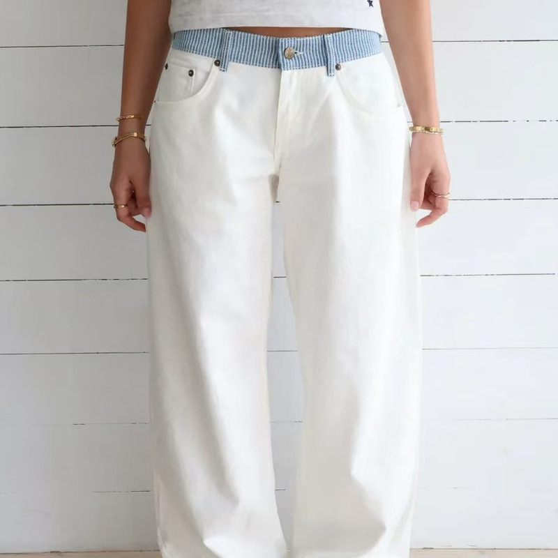 2025 Spring/Summer New Style Contrast Color Letter Tape Decorated Straight Spliced Casual Pants Elegant Straight Jeans