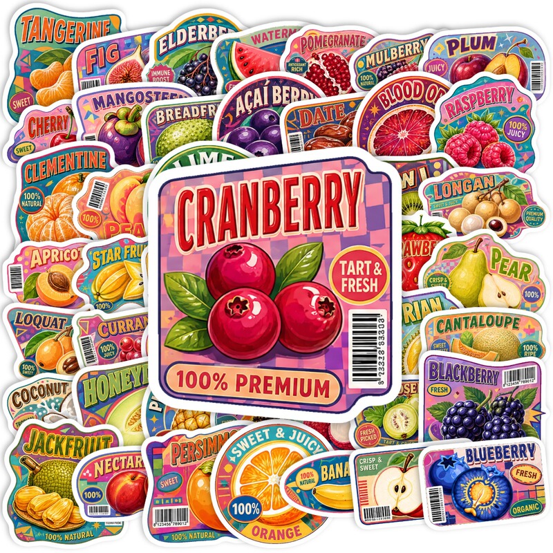 Cross-Border New Style 50-Piece California Fruit Market Stickers Creative Retro Tropical Fruit Waterproof DIY Journal Labels