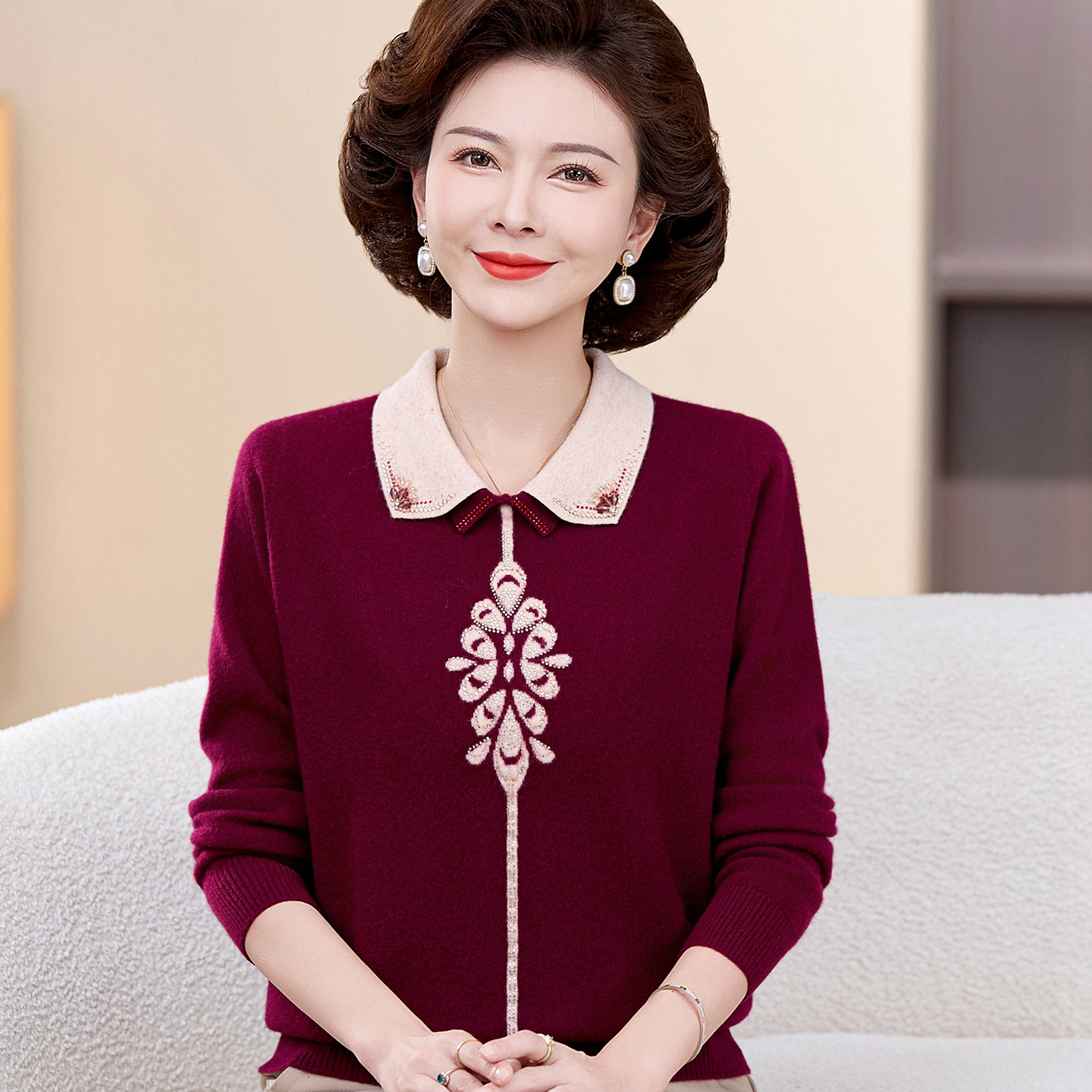 妈妈冬装高品质羊毛毛衣中老年人50岁60打底衫妇女保暖洋气上衣，女装针织衫/毛衣，妃慕昵服饰