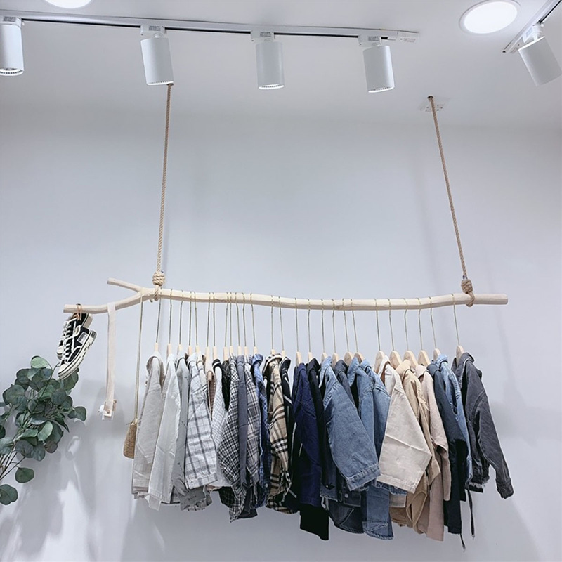 服装店树枝展示架女装简约橱窗上墙吊顶悬挂衣杆晾衣架麻绳吊挂