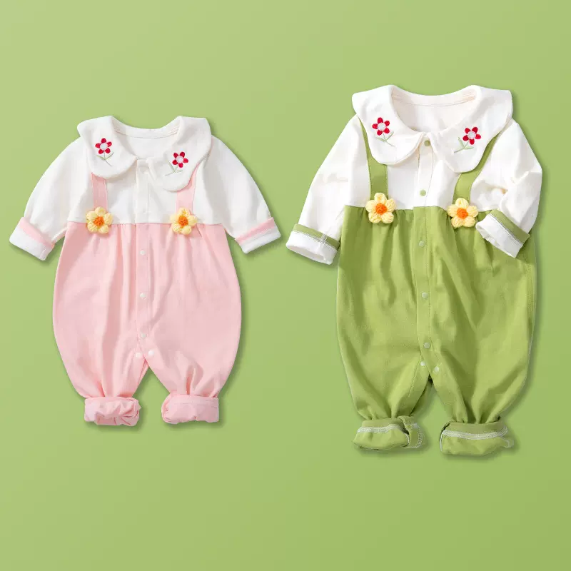 婴儿长袖连体衣春秋款翻领衣服纯棉秋装睡衣秋季婴幼女宝宝外出服