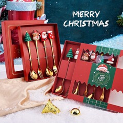 クロスボーダークリスマススプーンとフォークセットステンレス鋼食器デザートコーヒースプーンフルーツフォーククリスマスツリー人形スプーンギフトボックス