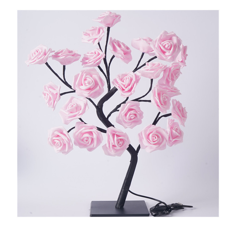 24 lámparas de fondo negro rosa flor árbol lámpara con interruptor USB