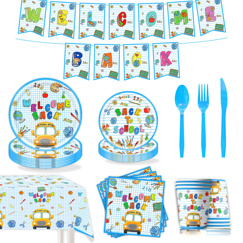 Back-To-School Season Cartoon School Bus Letter-Themed Party Tableware Set Disposable Paper Plates and Napkins Party Decoration Supplies
