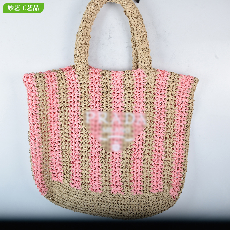 Nueva playa tejida bolsa de viaje de las niñas bolso de mano retro portátil bolsa de paja de gran capacidad bolso de hombro a rayas