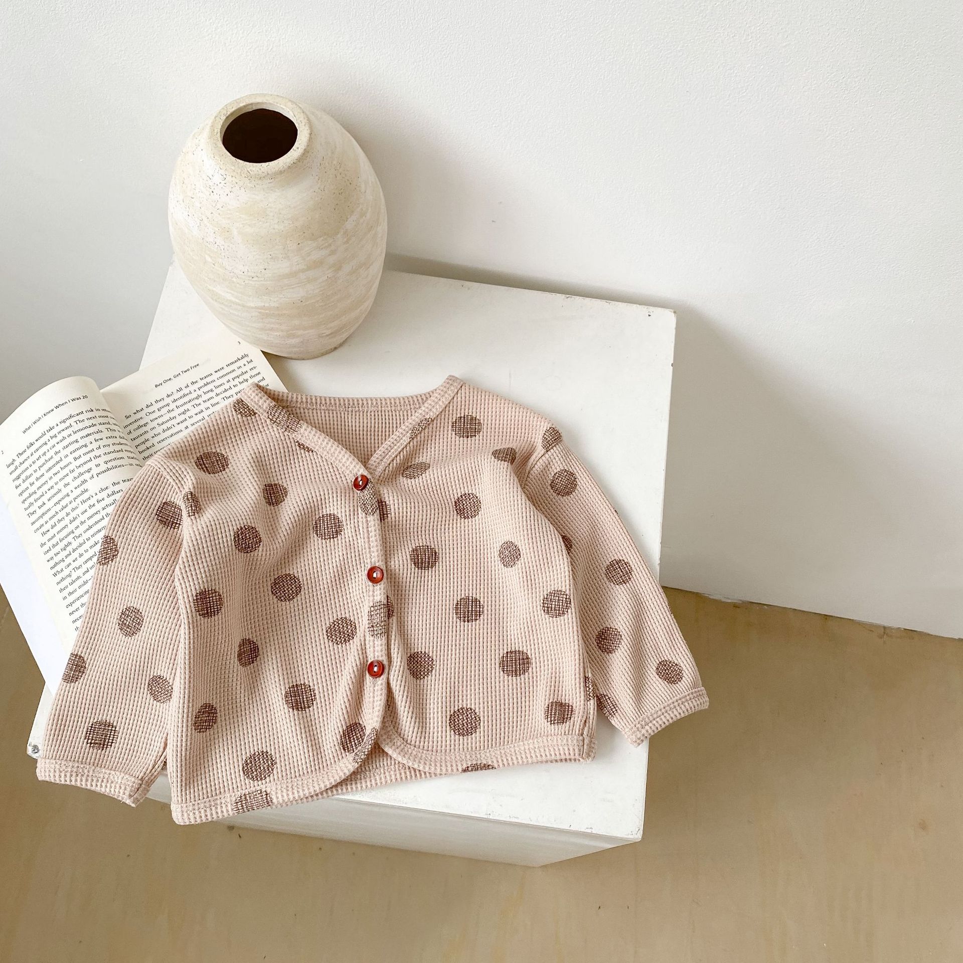 INS2024 Herfst Wafel Dot Print Set voor Jongens Meisjes Baby Top en Broek, Tweedelige Huiskleding_voghion.com