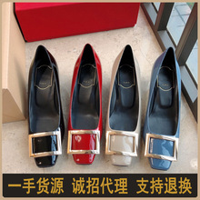 欧美外贸女鞋RV＆ins金属方扣单鞋高跟鞋婚鞋漆皮香蕉跟粗跟伴娘