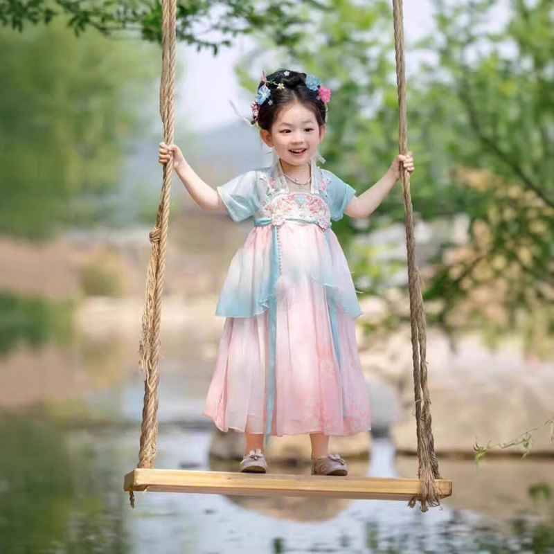 女童汉服襦裙夏季宝宝中国风古装短袖超仙刺绣薄款女童国风连衣裙|undefined