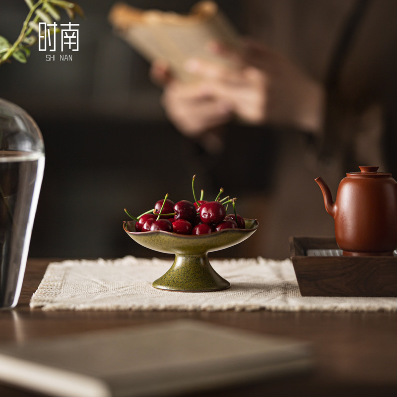 窑变中式高脚茶点盘小精致陶瓷水果盘复古茶室干果零食点心托盘|undefined