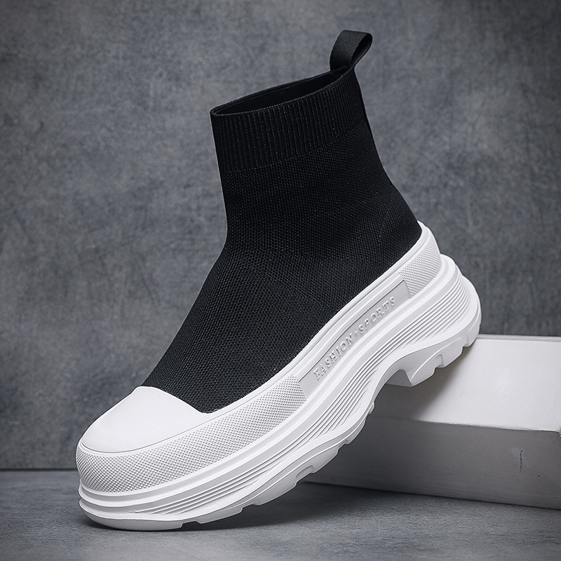 Boots with woven cloth shoes, high-top shoes for men, socks shoes, breathable and comfortable, thick soles, height increasing, one-piece casual sports shoes for men.