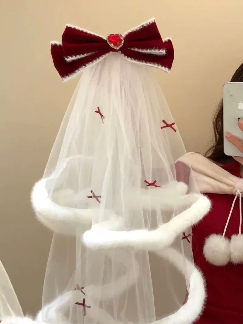 Снежная дочь новогодняя богиня версия фата атмосфера красный бархатный бант белый сетчатый головной убор