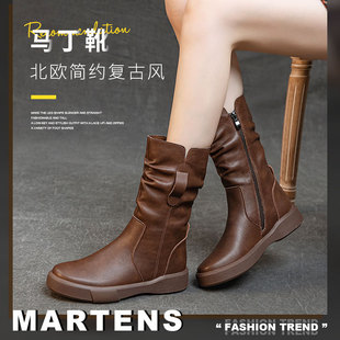European and American Simple All-match Genuine Leather Martin Boots Women's Autumn and Winter Brown Middle Boots Breathable Warm Thick Heel Thick Bottom Boots