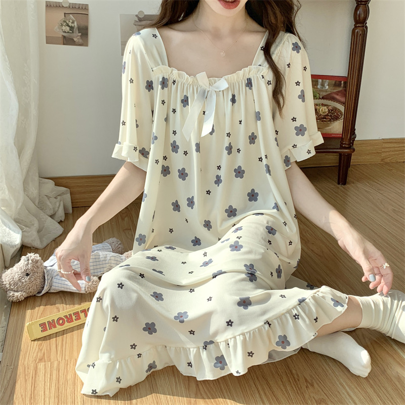 睡裙女夏天家居睡裙胖MM300斤女夏季风短袖睡衣夏天小碎花