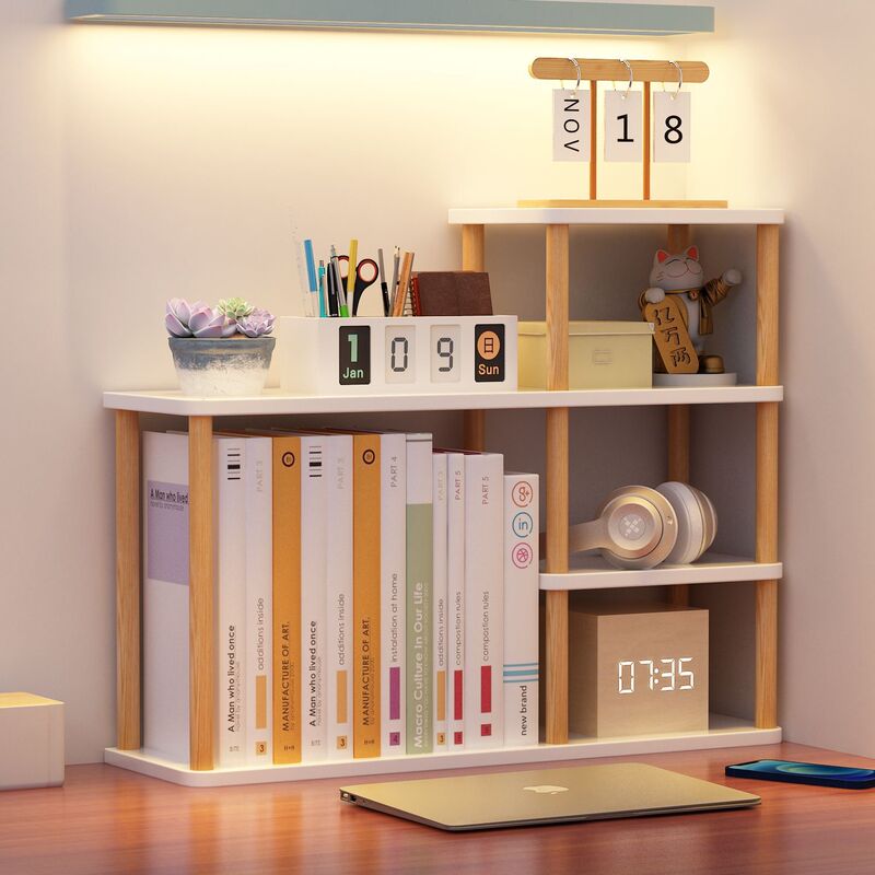 デスク上の階層型本棚、オフィスデスク、多層収納ラック、シンプルな子供用収納、学生用収納アーティファクト、小型|undefined