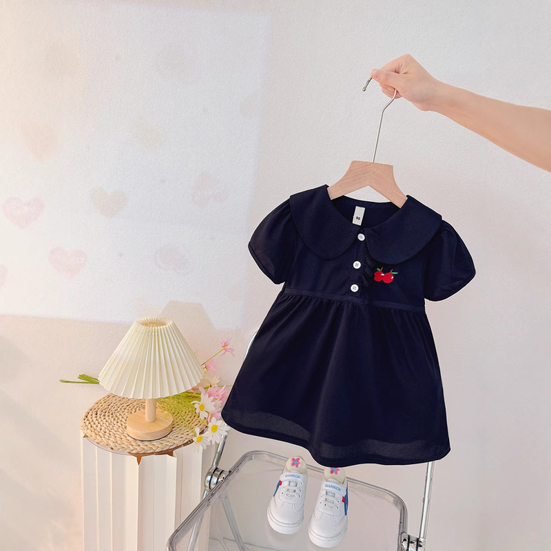 Girls Short-Sleeved T-Shirt New Forest Style Kidsren's Dress Summer Polo Collar Mid-Length Skirt Small and Medium-Sized Kidsren's Navy Blue Skirt