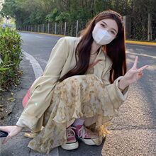 【两件套】高级感韩版新款西装外套+气质温柔甜美碎花连衣裙套装