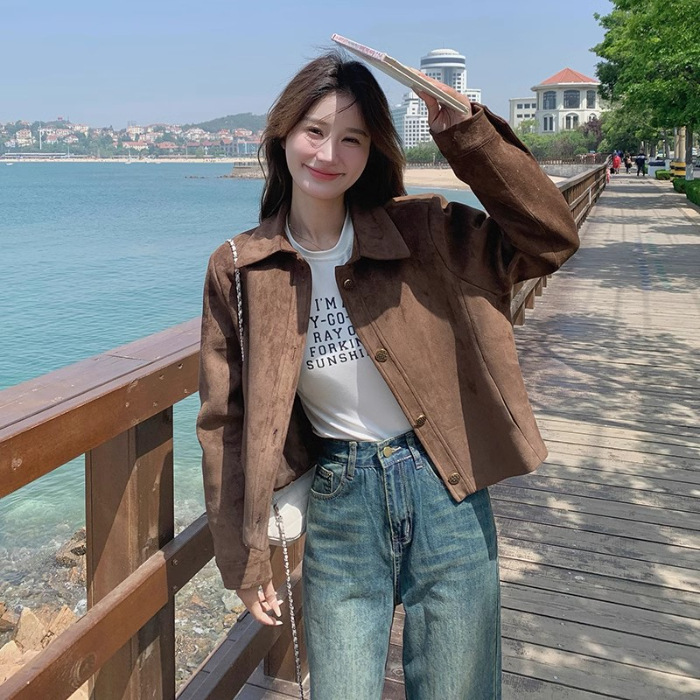 美拉德麂皮绒外套女短款2025春秋新款复古宽松小个子薄款夹克上衣|undefined