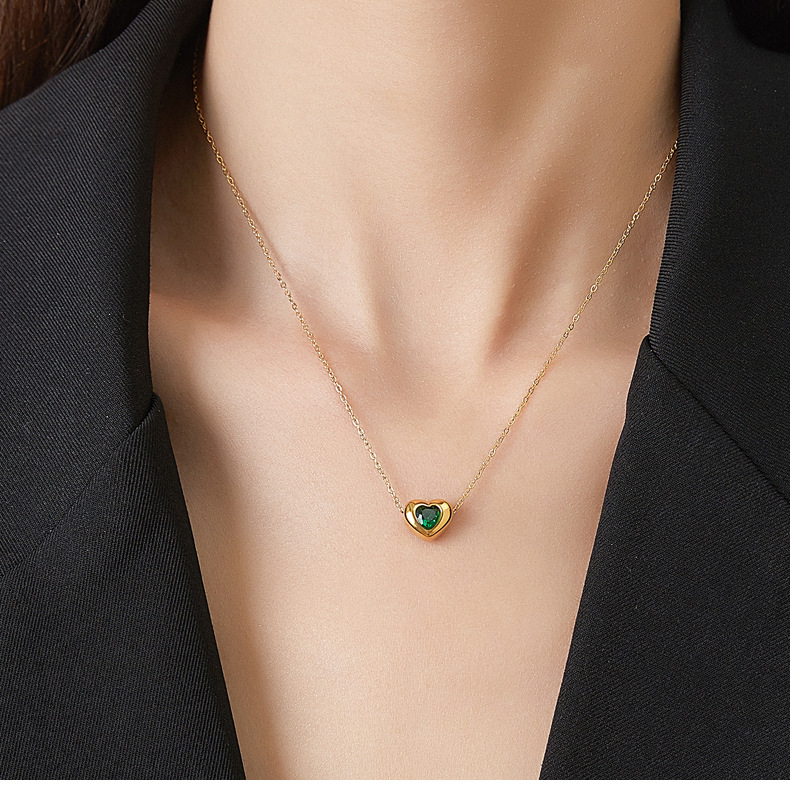 Japanese Style Heart Shape Titanium Steel Gold Plated Zircon Necklace 1 Piece