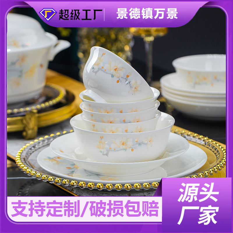 2026 New Model Bowl and Plate Dinnerware Set, Complete Set for Home Use, Jingdezhen High-Quality Bone China Bowls, Plates, and Chopsticks, Housewarming Gift Box