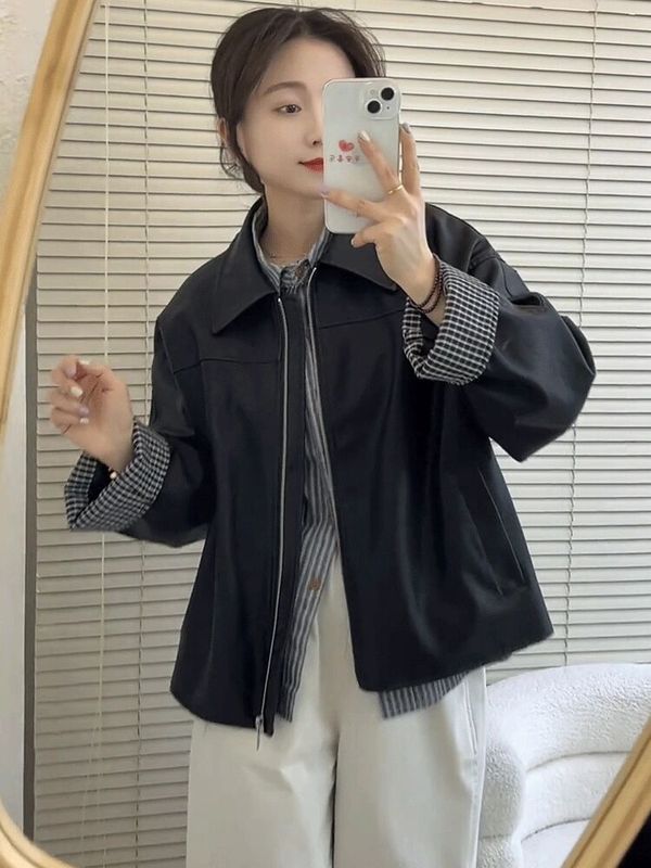 高级感拼接格子翻领黑色皮衣外套女春秋新款休闲百搭PU皮夹克上衣|undefined