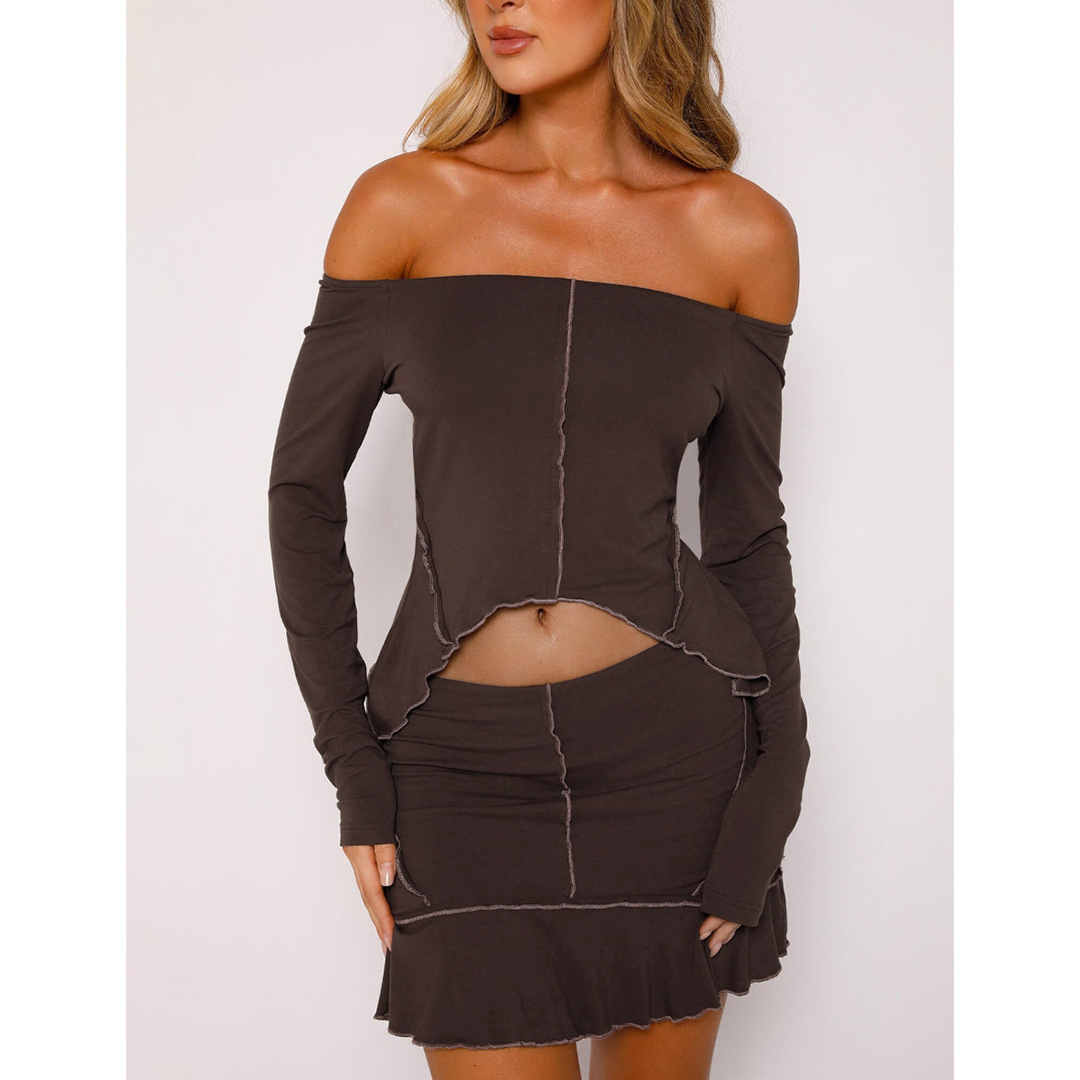 Women Clothing Sexy Solid Color Reverse Design Off Neck Skirt Set