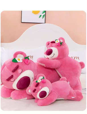 Cute Strawberry Bear Stuffed Toy Pink Bear Doll Lying Bear Doll Pillow Valentine's Day Gift (Oyuncaq yastıqlar) - lay-down-style-hug-bear-cost-effective-and-instant-delivery-26cm-without-flowers-and-strawberries