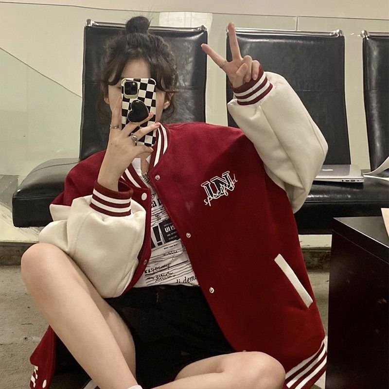 Korean Style Towel Embroidered Bf Lazy fleece-lined Baseball Suit Women's Autumn and Winter Ins All-match Contrast Lazy Style Women's Elastest Collar Sweat