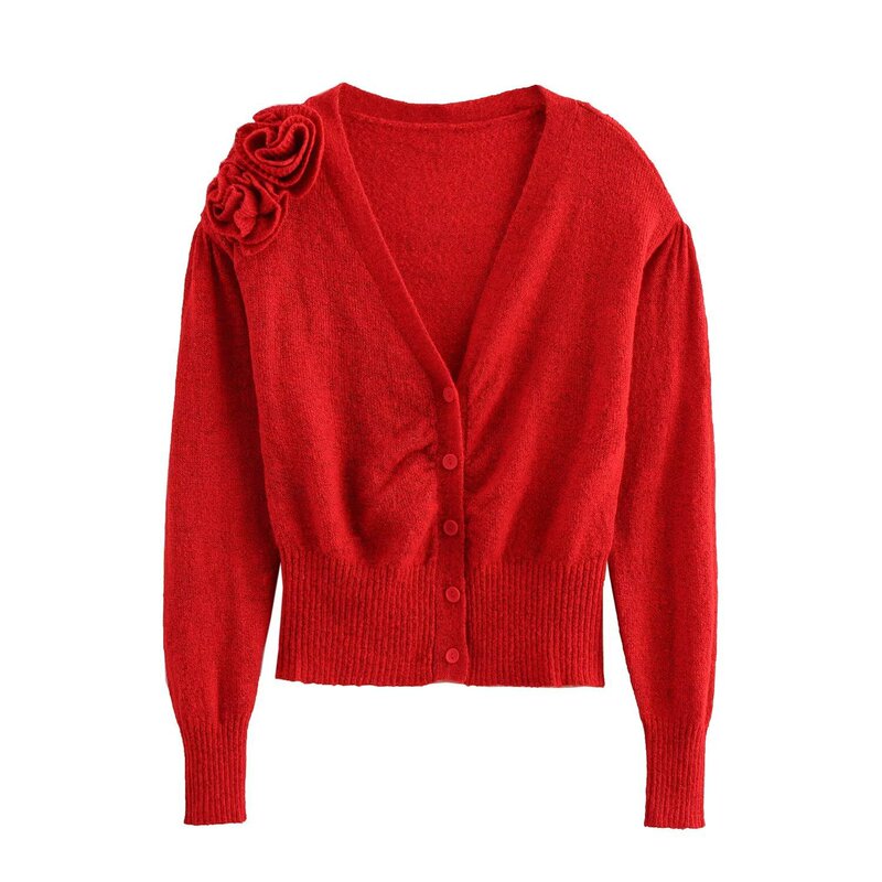 Za Cross-Border Women's Clothing Wholesale European and American Style New Simple V Neck Shoulder Flower Decorated Knitted Cardigan 2142136