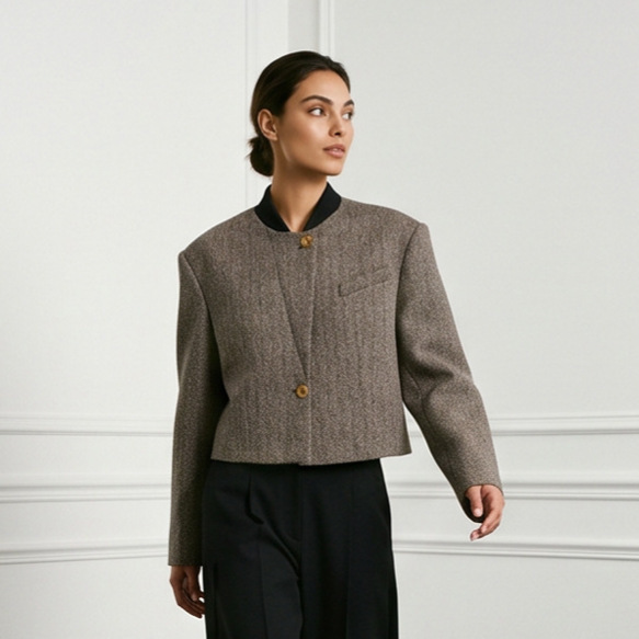 In stock - New Chinese style contrast color stand-up collar black trim gold button tweed short blazer for women, 2026 autumn new cross-border model In stock - New Chinese style contrast color stand-up collar black trim gold button tweed short blazer for women, 2026 autumn new cross-border model