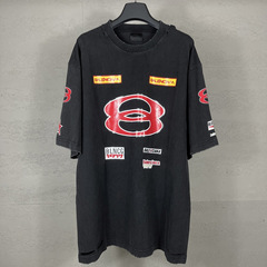 高品質Bファミリー25SS新作英語ロゴコンビプリントウォッシュ加工ダメージ加工半袖Tシャツの正しいバージョン