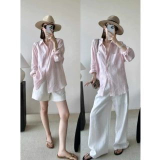 高级感亚麻长袖粉色长袖衬衫女上衣外套宽松棉麻防晒衬衣