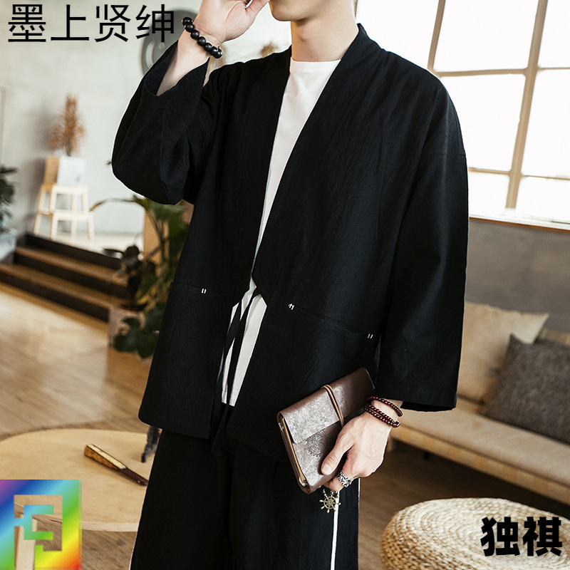 Foreign Trade Summer New Chinese Style Hanfu Japanese Cardigan Men's Kimono Jacket Half Sleeve Jacket Coat Trendy