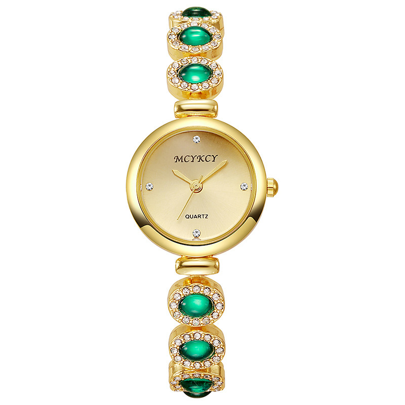 McyKcy estilo antiguo retro esfera pequeña pulsera de aleación dorada muñeca de lujo ligero esmeralda con superficie dorada