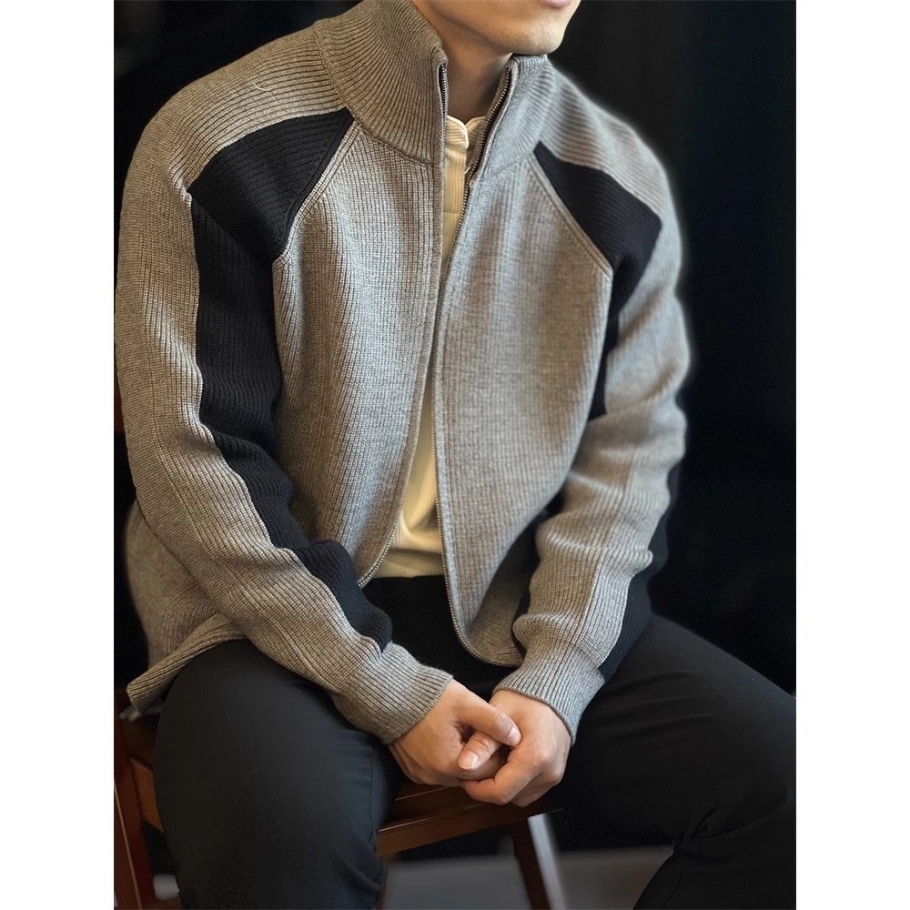 秋冬新款复古日系百搭拼接撞色插肩针织开衫男士毛衣外套休闲上衣