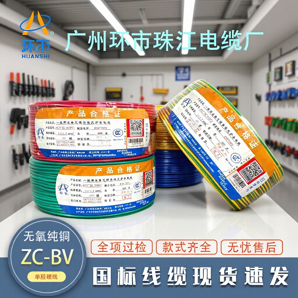 广州环市珠江电线电缆BV1.5 /4平方国标纯铜阻燃家装单股硬线批发