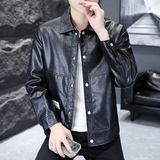 秋季新款翻领皮衣男士休闲百搭机车服韩版修身潮流青年皮夹克外套