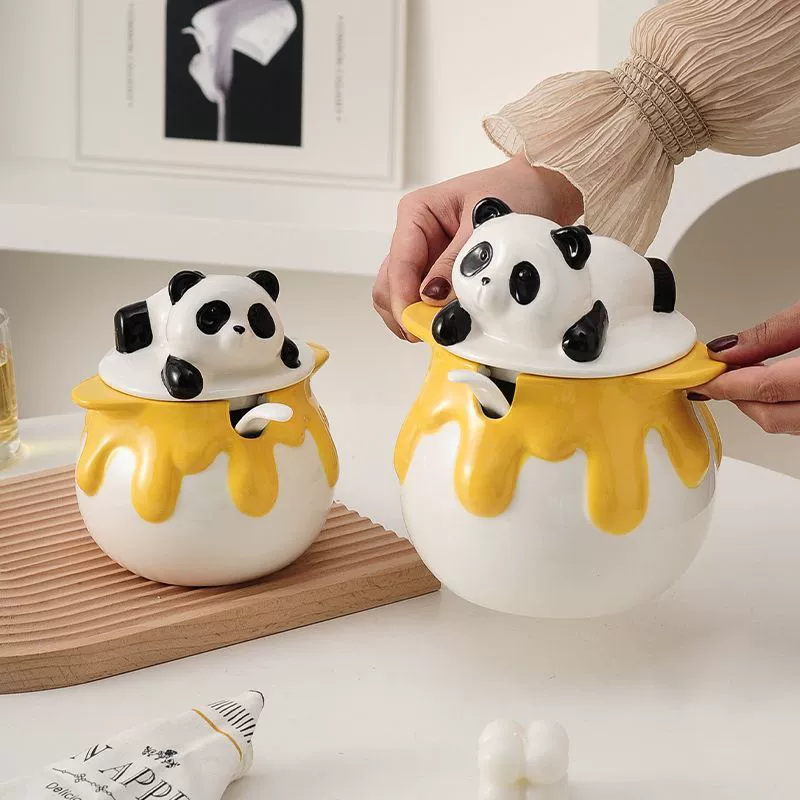Кремовая Panda керамическая банка для сала, термостойкая банка для чили масла мяса, кухонная банка для приправ, банка для сала
